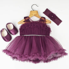 Load image into Gallery viewer, Purple Ruffled Hem Net Party Frock With Booties &amp; Headband

