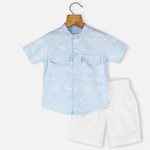 Load image into Gallery viewer, Blue Mandarin Collar Shirt With White Shorts
