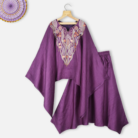 Purple Emnroidered Kaftan Top With Cowl Pant