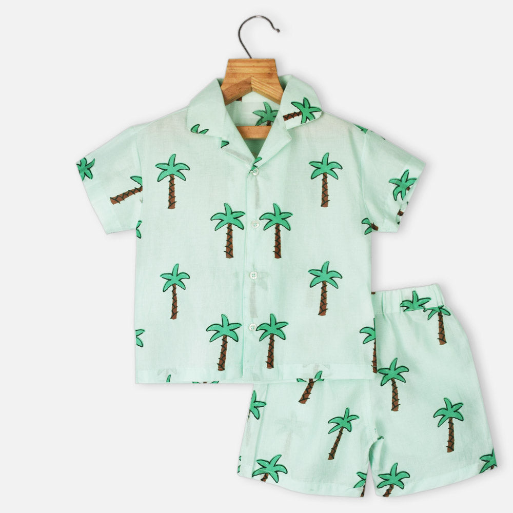 Blue Palm Tree Theme Cotton Shirt With Shorts Co-Ord Set