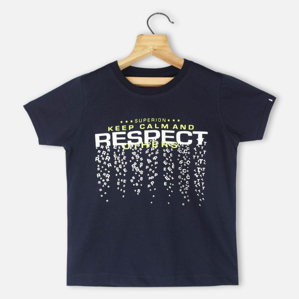 Navy Blue Typographic Printed T-Shirt