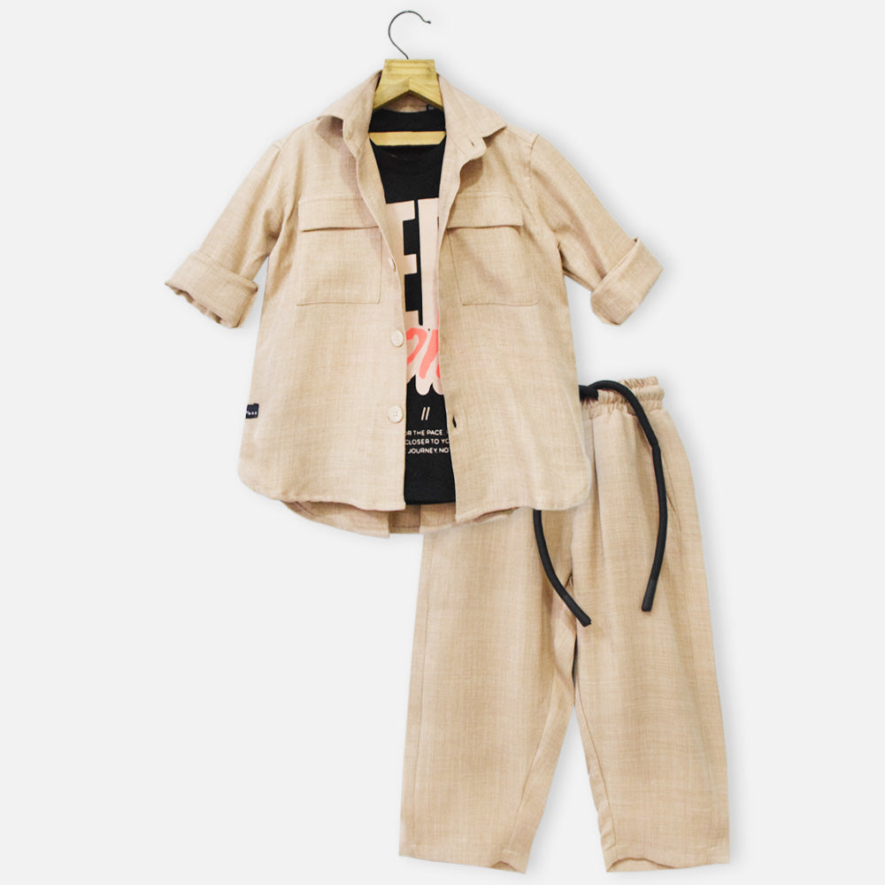 Beige Shirt With Black T-Shirt & Pant Co-Ord Set