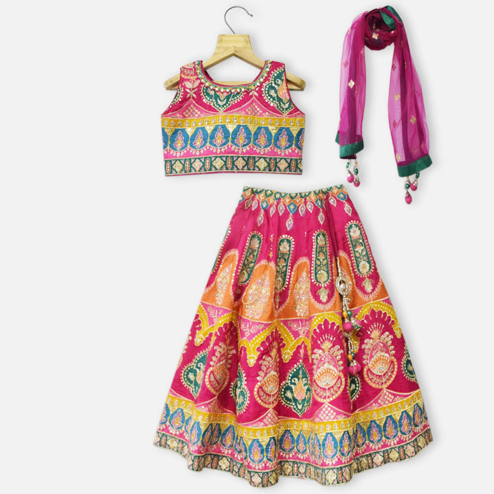 Pink Embroidered Choli With Lehenga & Dupatta