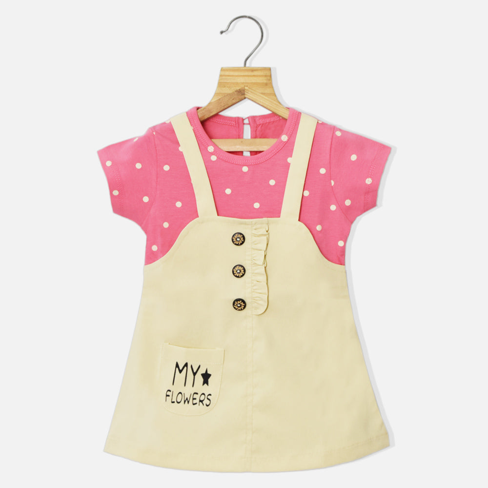 Beige Dungaree Dress With Attached Polka Dots T-Shirt