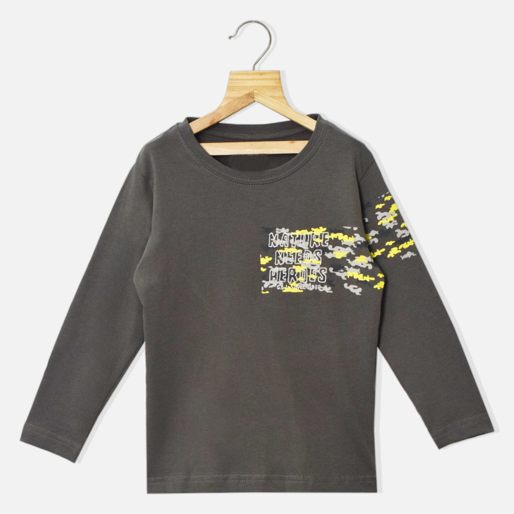 Grey Embroidered Full Sleeves T-Shirt