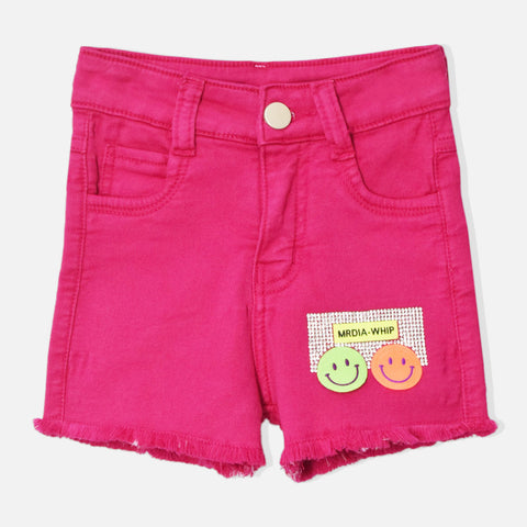 Embellished Raw Hem Denim Shorts-Pink, Black & Neon Green