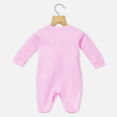 Pink I Love Mummy Embroidered Full Sleeves Footsie With Cap