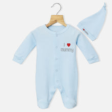 Load image into Gallery viewer, Blue I Love Mummy Embroidered Full Sleeves Footsie With Cap
