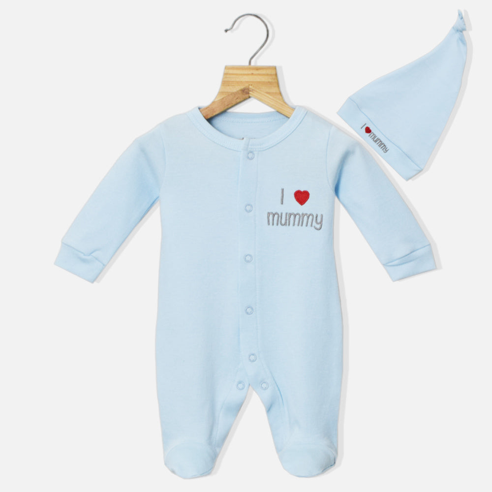 Blue I Love Mummy Embroidered Full Sleeves Footsie With Cap