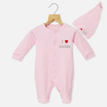 Load image into Gallery viewer, Pink I Love Daddy Embroidered Full Sleeves Footsie With Cap
