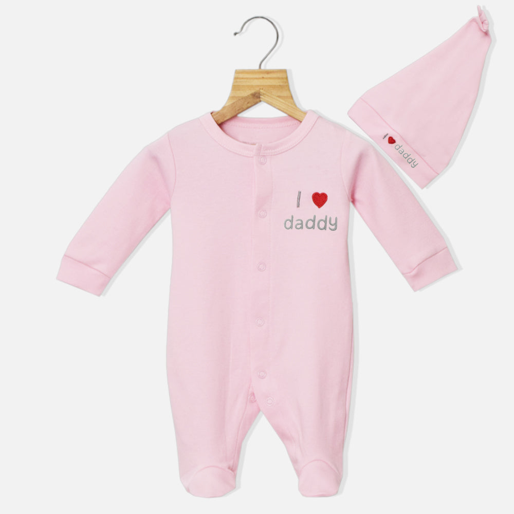 Pink I Love Daddy Embroidered Full Sleeves Footsie With Cap