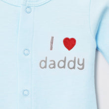 Load image into Gallery viewer, Blue I Love Daddy Embroidered Full Sleeves Footsie With Cap
