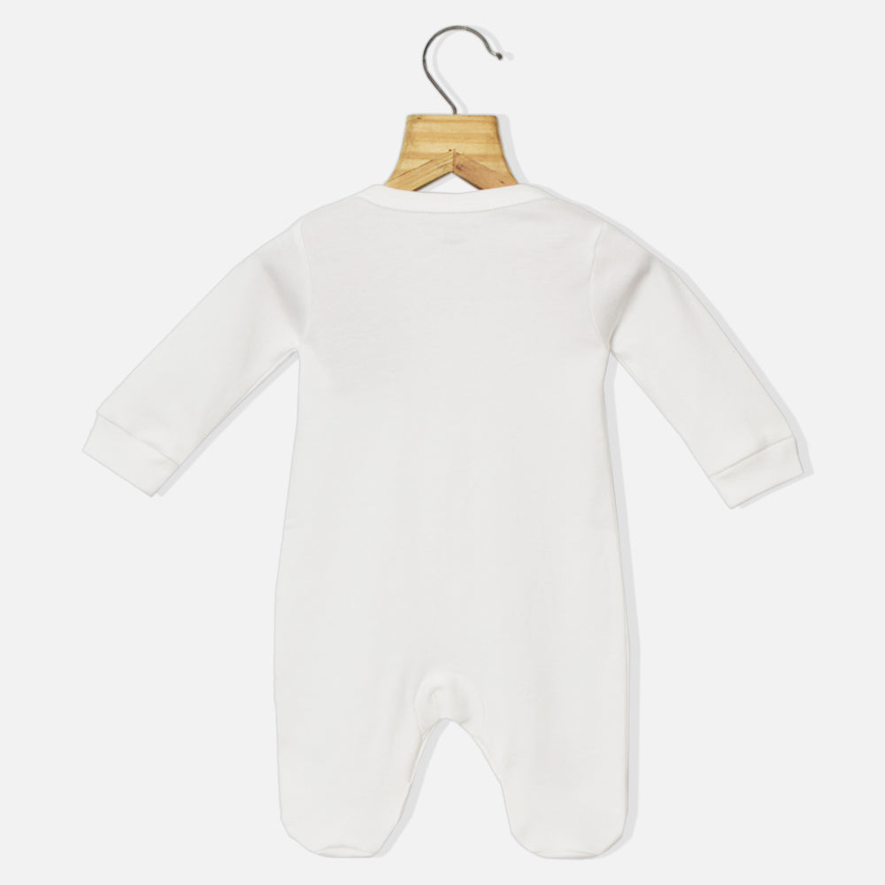 White I Love Mummy Embroidered Full Sleeves Footsie With Cap