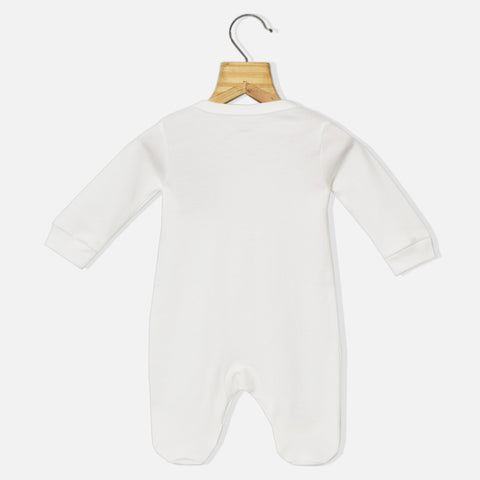 White I Love Mummy Embroidered Full Sleeves Footsie With Cap