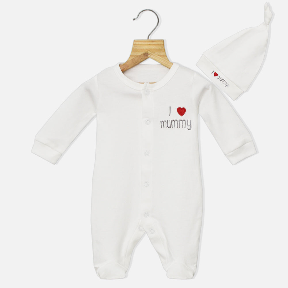 White I Love Mummy Embroidered Full Sleeves Footsie With Cap