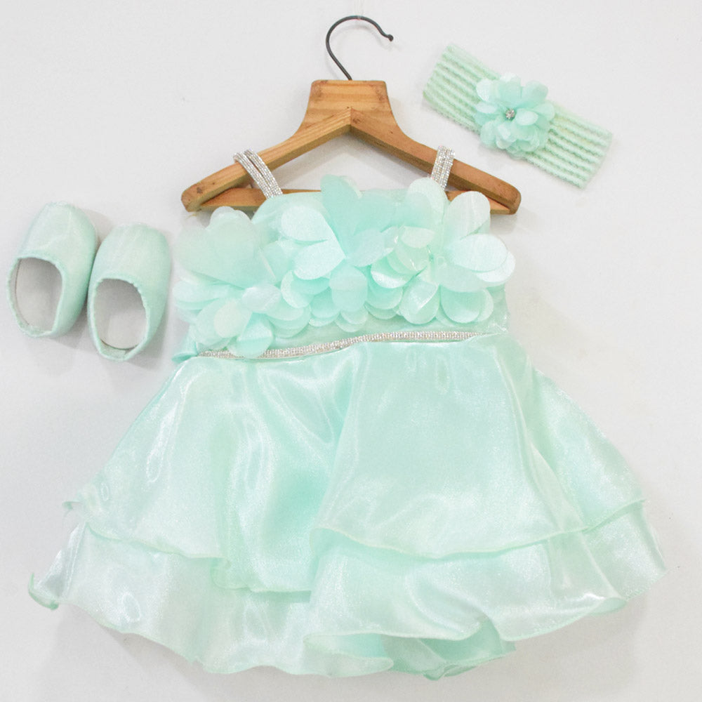 Peach & Green Flower Embellished Dress With Booties & Headband