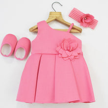 Load image into Gallery viewer, Pink &amp; Yellow Flower Embellished Box Pleated Dress With Booties &amp; Headband
