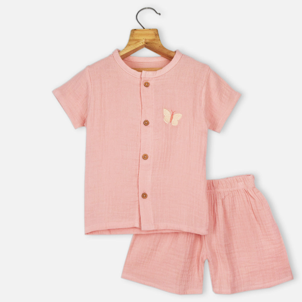 Pink Muslin Half Sleeves Shirt With Shorts Co-Ord Set