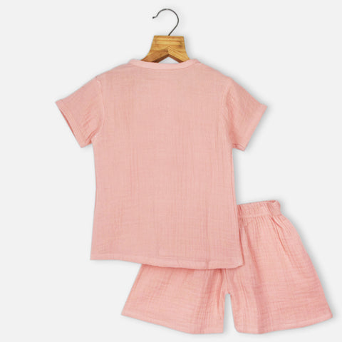 Pink Muslin Half Sleeves Shirt With Shorts Co-Ord Set