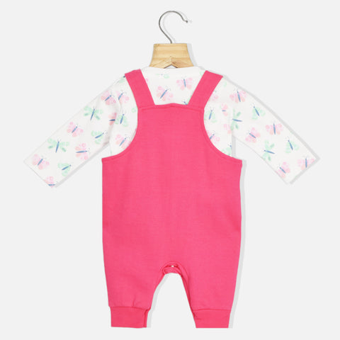 Pink Butterfly Theme Romper Dungaree With Full Sleeves T-Shirt