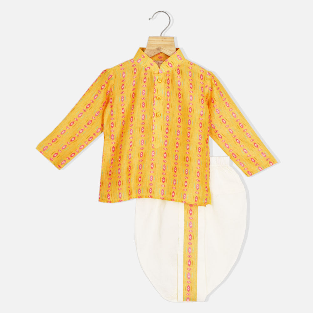 Yellow Mandarin Collar Kurta With White Dhoti