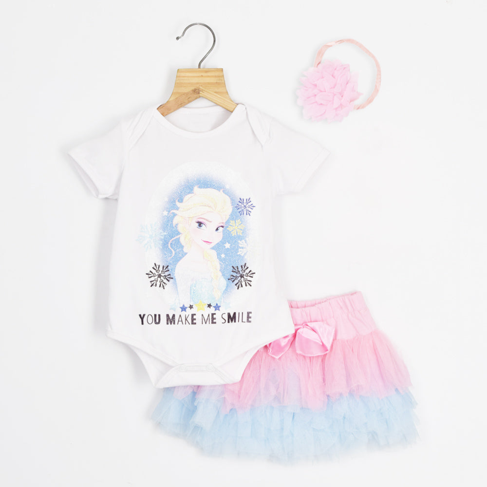 White Princess Theme Onesie With Pink Tutu Skirt & Headband