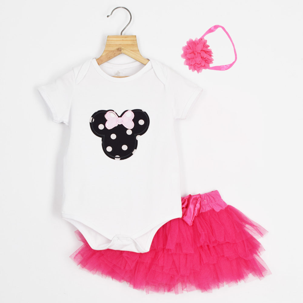 White Minnie Mouse Patch Onesie With Pink Tutu Skirt & Headband