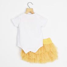 Load image into Gallery viewer, White Bow Applique Onesie With Beige Tutu Skirt &amp; Headband
