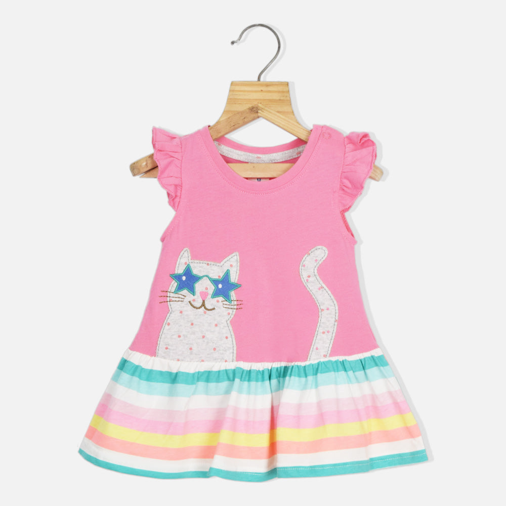 Pink Cat Applique Frill Sleeves Dress
