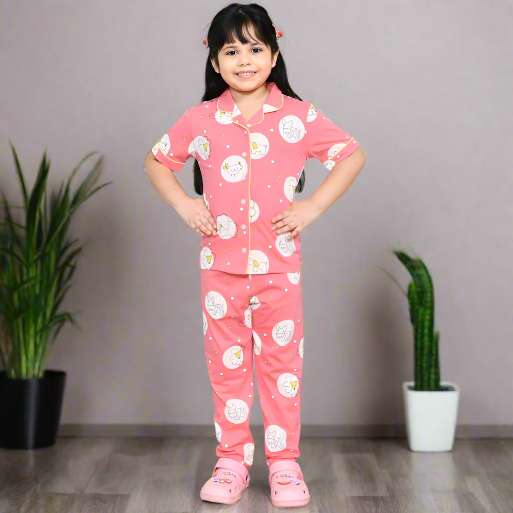 Pink & Mint Animal Theme Short Theme Night Suit