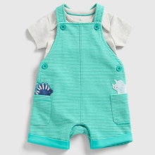 Load image into Gallery viewer, Green Striped Printed Dungaree With Grey Onesie
