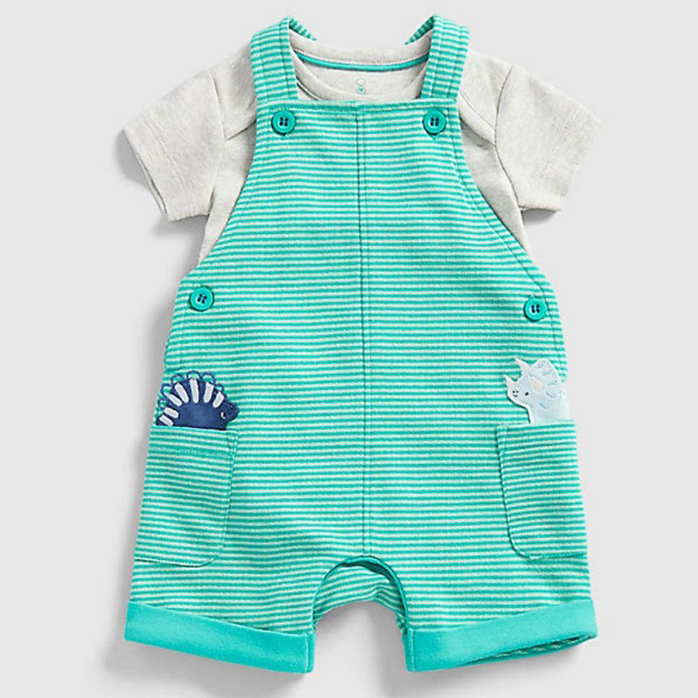 Green Striped Printed Dungaree With Grey Onesie