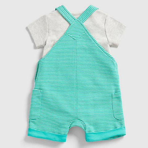 Green Striped Printed Dungaree With Grey Onesie