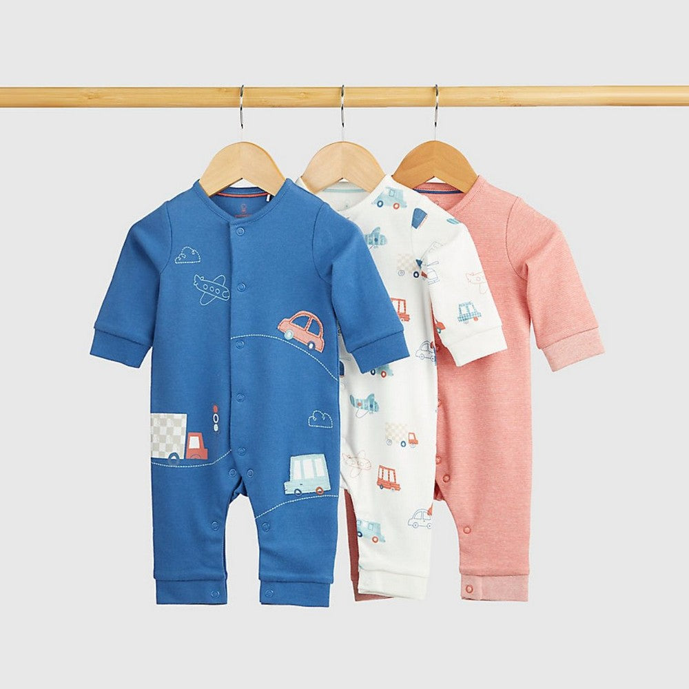Blue Vehicle Theme Rompers- Pack Of 3