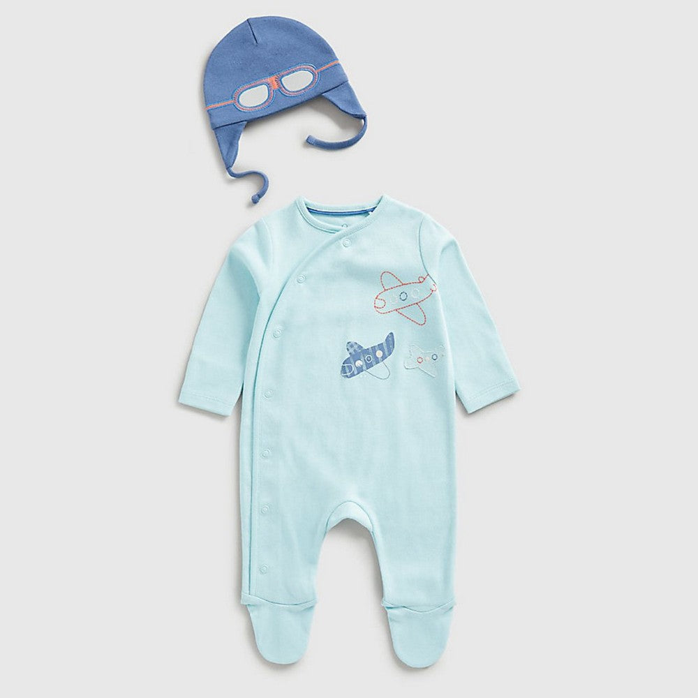 Blue Airplane Theme Full Sleeves Footsie With Embroidered Cap