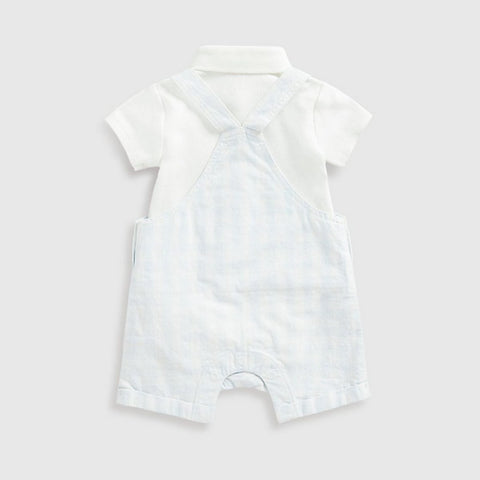 Blue Checked Printed Dungaree With Onesie & Socks