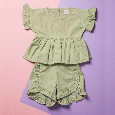 Checked Ruffle Sleeves Top With Ruffle Shorts-Blue & Green