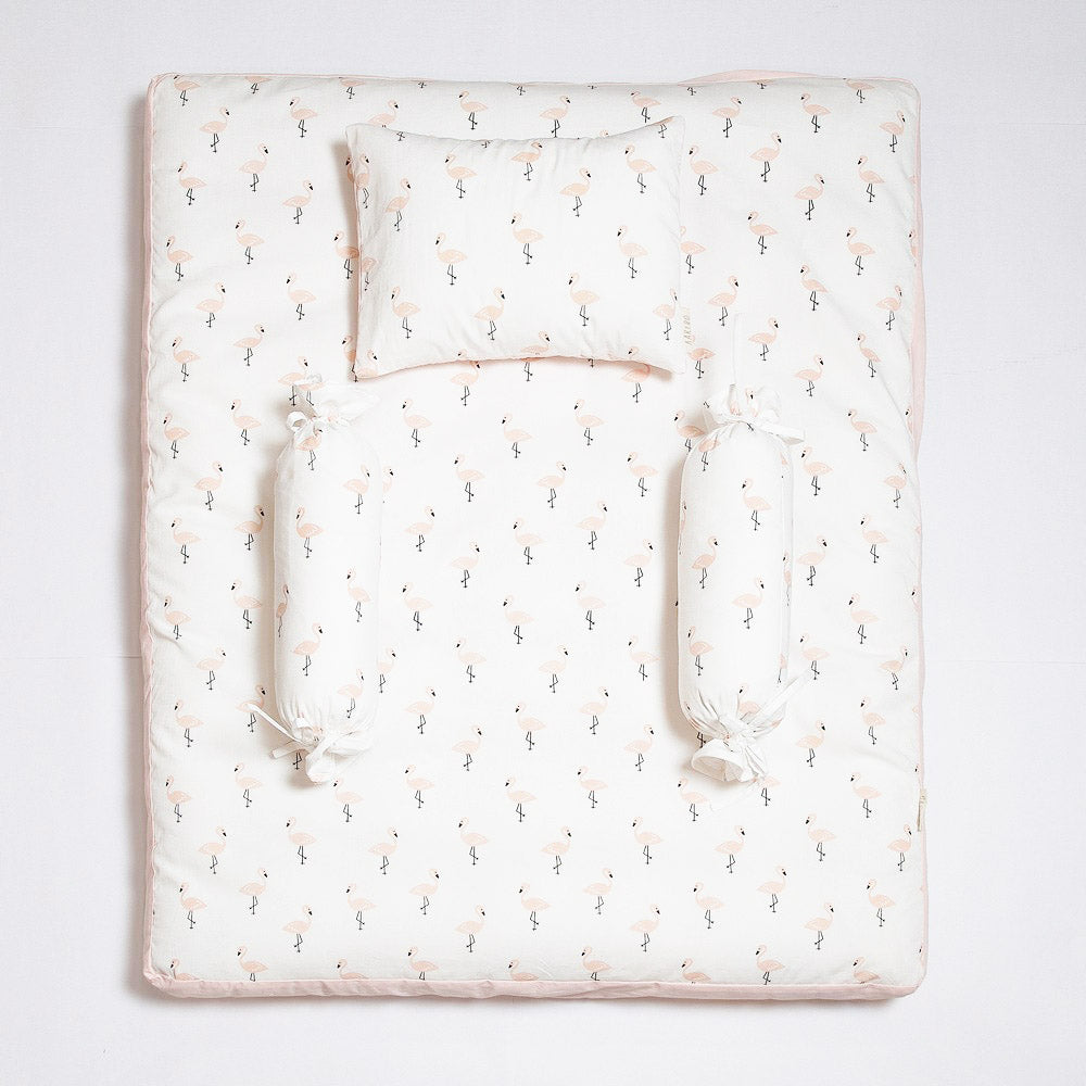 White Flamingo Printed 4 Piece Silk Cotton Bedding Set