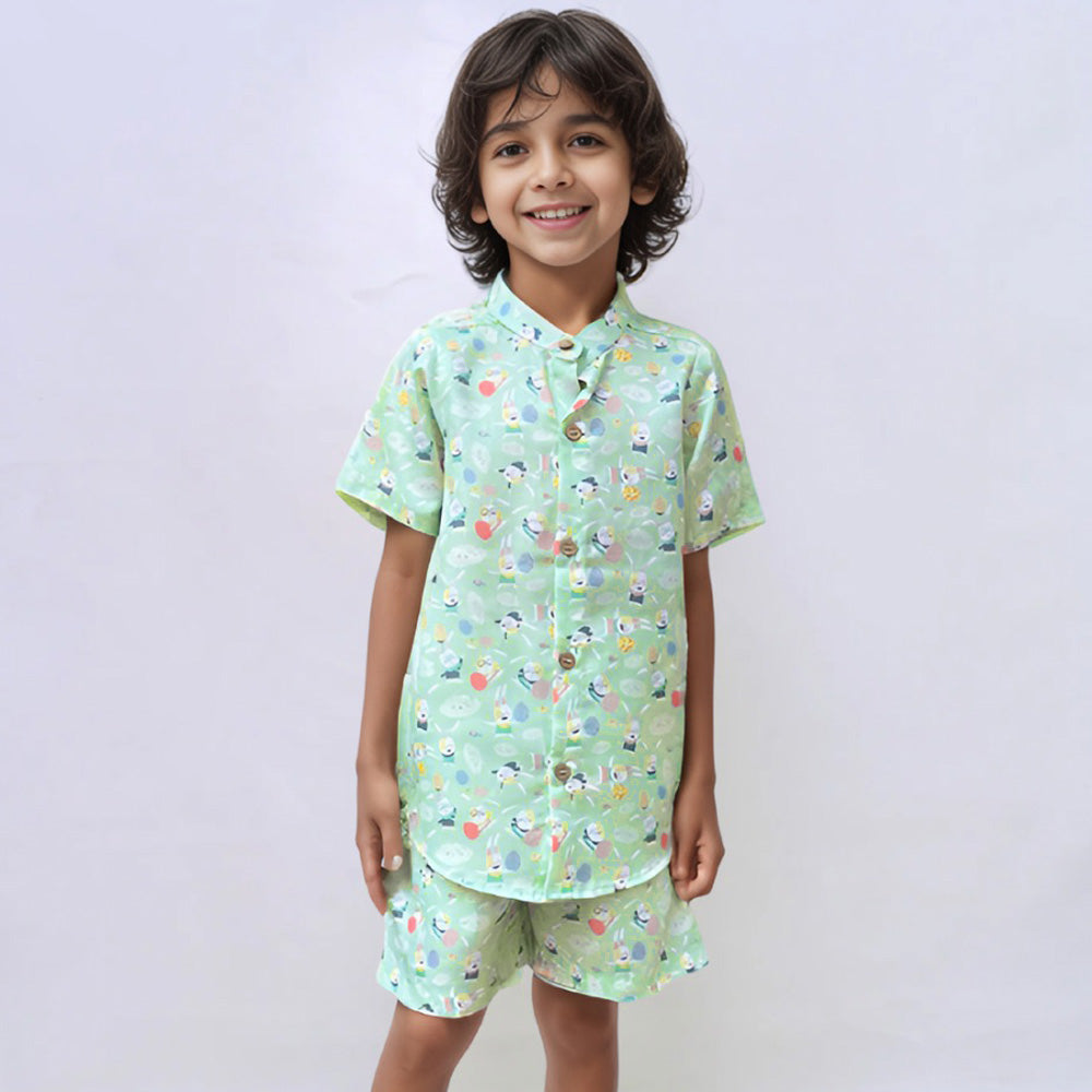 Green Bunny Printed Shirt With Shorts Co-Ord Set