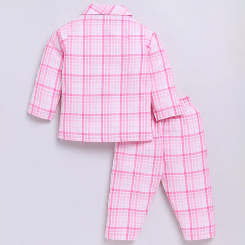 Pink Checked Full Sleeve Night Suit