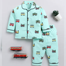 Load image into Gallery viewer, Sea Green Car Printed Full Sleeve Night Suit
