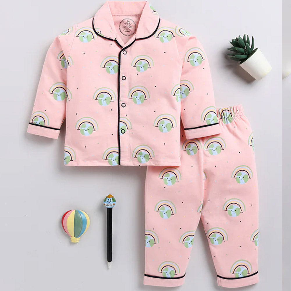 Cream & Pink Graphic Full Sleeve Night Suit