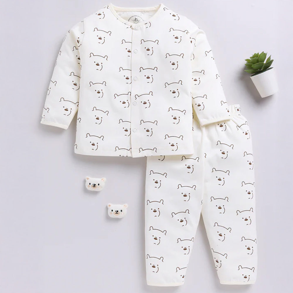 Cream Bear Printed Full Sleeve Night Suit