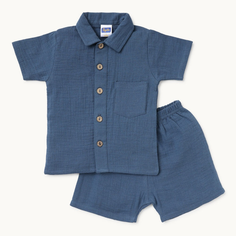 Blue Half Sleeves Shirt With Shorts Cotton Co-Ord Set