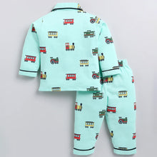 Load image into Gallery viewer, Sea Green Car Printed Full Sleeve Night Suit
