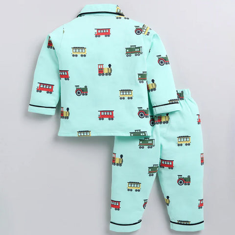 Sea Green Car Printed Full Sleeve Night Suit