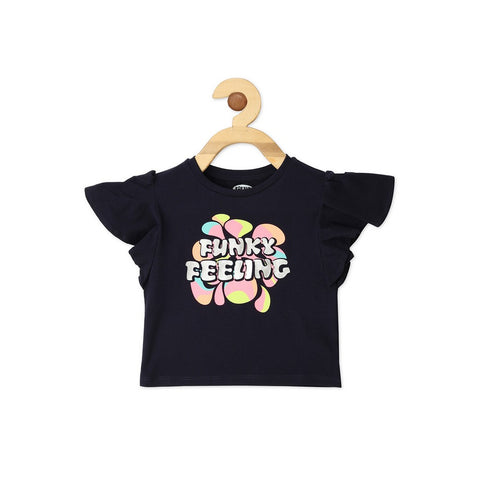 Pink & Navy Blue Graphic Printed Ruffled Top
