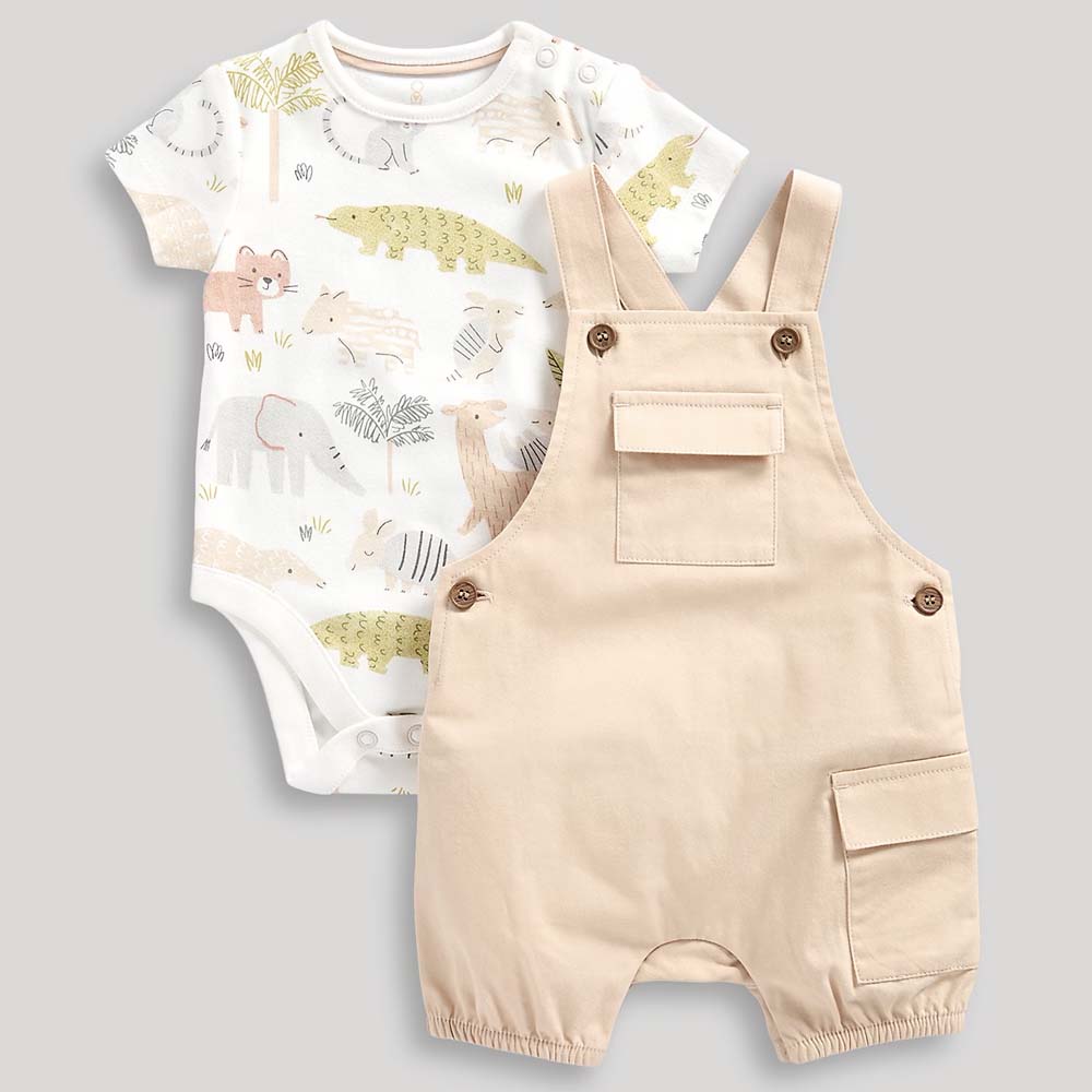 Beige Dungaree With Animal Theme T-Shirt