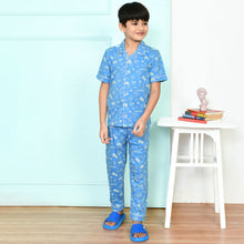 Load image into Gallery viewer, Blue &amp; Grey Graphic Printed Half Sleeves Night Suit
