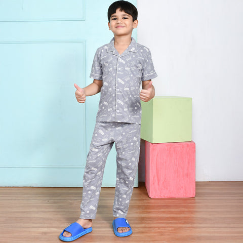 Blue & Grey Graphic Printed Half Sleeves Night Suit